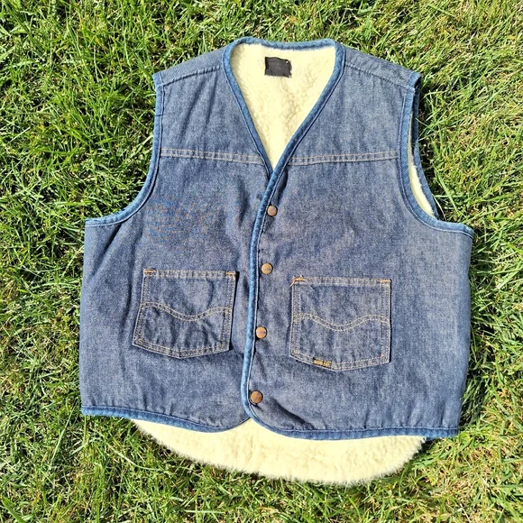Vintage Sears Roebuck shearling lined denim sherpa snap button vest Large - Picture 9 of 10